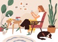 Young woman resting in comfy armchair with mobile phone, surfing internet and chatting online. Happy female character