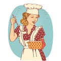 Young woman with retro clothes cooking soup on kitchen room.Retro color style illustration