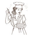 Young woman with retro clothes cooking soup on kitchen room.Retro style illustration