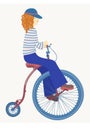 Young woman on retro unicycle. Vector isolated illustration