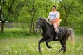 Young woman riding on beautiful horse , having fun in summer time , Romania countryside