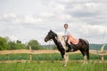 Young woman riding on beautiful horse , having fun in summer time , Romania countryside