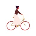 Young woman riding bicycle flat vector illustration. Girl at urban vehicle. Female cartoon character riding eco