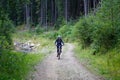 Young woman riding bike on forest trail road Royalty Free Stock Photo