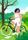 young woman riding bike going outing in spring flat vector illustration.
