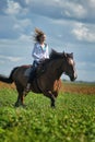 Young woman riding on a brown horse Royalty Free Stock Photo