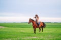 Young woman riding on brown horse in green field with blue sky on background. Horseback riding. Space for text Royalty Free Stock Photo