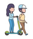 Young woman riding electric scooter and man walk Royalty Free Stock Photo