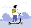 Young woman riding on electric scooter. Micromobility illustration. Teen with yellow backpack moving forward, oudoors Royalty Free Stock Photo