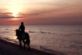 Girl horseriding on beach at sunset