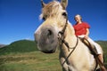 Young woman riding horse in rural setting Royalty Free Stock Photo
