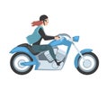 Young Woman Riding Motorcycle, Side View of Girl Biker Character in Casual Clothes and Helmet Driving Blue Chopper