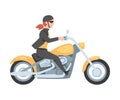 Young Woman Riding Motorcycle, Side View of Girl Biker Character in Helmet Driving Yellow Motorbike Cartoon Style Vector
