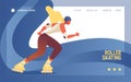 Young woman riding roller skates. Landing page template or banner drawn with bright colors and blue wave. Vector concept