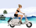 Young woman riding a scooter near a tropical beach