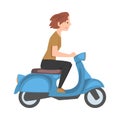 Young Woman Riding Scooter, Side View of Girl in Casual Clothes Driving Blue Motorbike Cartoon Style Vector Illustration Royalty Free Stock Photo