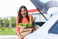 Young woman riding shopping cart full of food on the outdoor parking. Young woman in car park, loading shopping into boot of car. Royalty Free Stock Photo