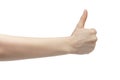 Young woman right hand shows thumb up gesture