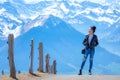 Young woman on Rigi mountain in Switzerland with a magnificent panoramic view of Swiss alps Royalty Free Stock Photo