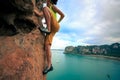 Woman rock climber climbing on cliff Royalty Free Stock Photo