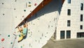 Young woman rock climber climbing on vertical artificial rock wall in outside climbing gym Royalty Free Stock Photo