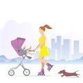 Young woman on roller skates with a baby in a stroller.Vector illustration cartoon clipart Royalty Free Stock Photo