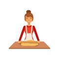 Young woman rolling dough, housewife girl cooking food in the kitchen flat vector Illustration