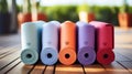 Young woman rolling up vibrant yoga mat at home for storage and relaxation after a workout