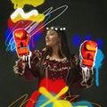 Young woman, royal person in elegant vintage dress and modern boxing gloves on dark background with colorful abstract