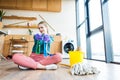 young woman in rubber gloves holding plastic bottles with cleaning fluids and smiling Royalty Free Stock Photo