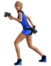 Young woman running, futuristic warrior armed with guns, 3d illustration