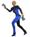 Young woman running, futuristic warrior armed with guns, 3d illustration