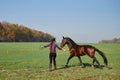 Young woman running with horse on green field on sunny summer day, copy space. Royalty Free Stock Photo