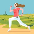 Young woman running while listening music, running outdoor with wide expanse of green field vector illustration Royalty Free Stock Photo