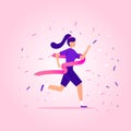 Young woman running on the stadium to win and succeed. Business and Leadership. Landing page and header concept Royalty Free Stock Photo