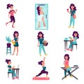 Young Woman Running, Taking Shower and Doing Shopping Vector Illustration Set