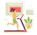 Young woman on a running track at home. Flat design illustration. Vector