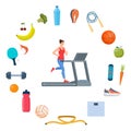 Young woman is running on a treadmill. Icons of healthy food, vegetables and sports equipment for different sports around her. Royalty Free Stock Photo