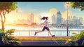 The young woman runs along the embankment street of a river or sea at sunrise on a cartoon cityscape in which she wears