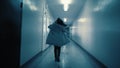 A young woman runs away from her pursuer along a dark corridor