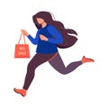 A young woman runs to a store or to a dealer that sells goods at a discount or lower prices