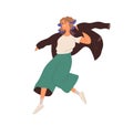 Young woman rushing, hurrying, putting on clothes on the go. Modern active busy girl running, moving fast. Hectic happy