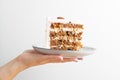 hand hold carrot cake slice in the white plate Royalty Free Stock Photo