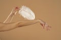 Young Woman`s Hand Touhing Her Skin With White Feather On Beige Background. Beautiful Body Care Concepts Royalty Free Stock Photo