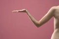 Young woman`s stretched skinny arm and open palm holding imaginary product. Isolated on pink background Royalty Free Stock Photo