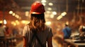 Young woman in safety helmet at logistic center with blurred background and copy space