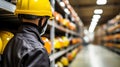 Young woman with safety helmet in logistic center on blurred background with text space