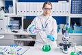 Young woman scientist measuring liquid at laboratory Royalty Free Stock Photo