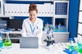 Young woman scientist using laptop working at laboratory Royalty Free Stock Photo