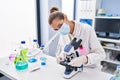 Young woman scientist using microscope working at laboratory Royalty Free Stock Photo